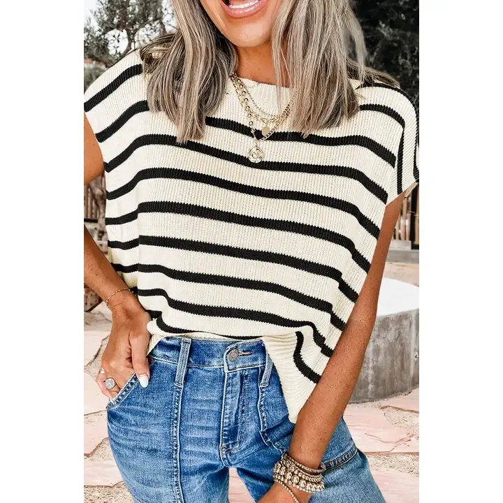 Stripe Side Slits Crewneck Sweater