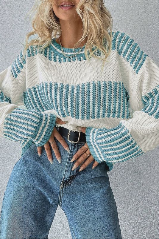 Striped Patchwork Drop Shoulder Loose Sweater