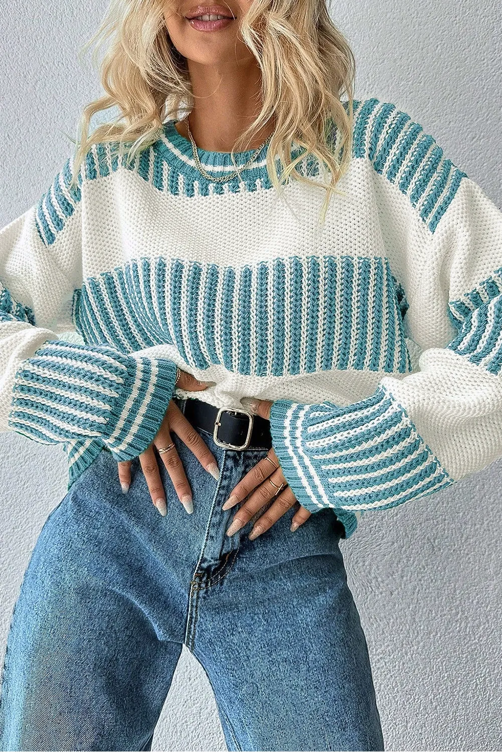 Striped Patchwork Drop Shoulder Loose Sweater, Colour: light blue, Size: Medium