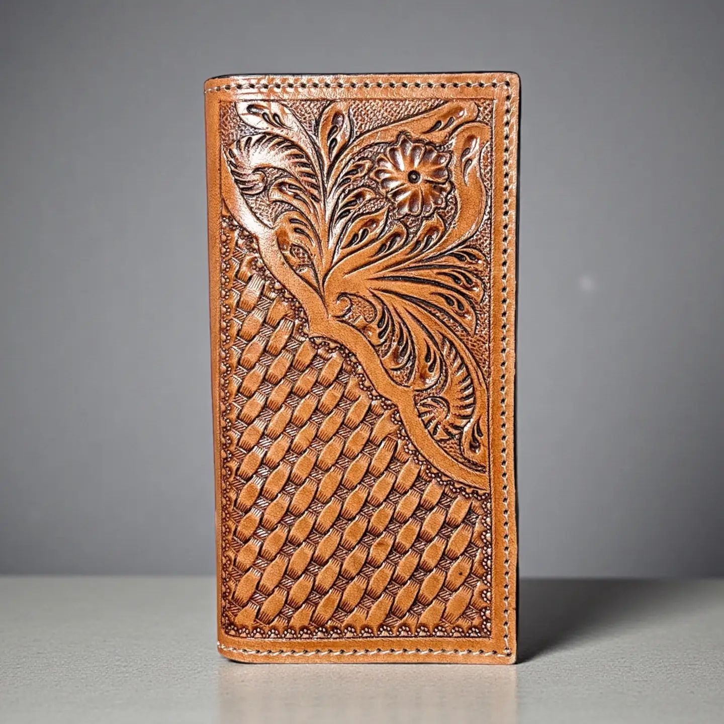 Basketweave Tooled Leather Wallet