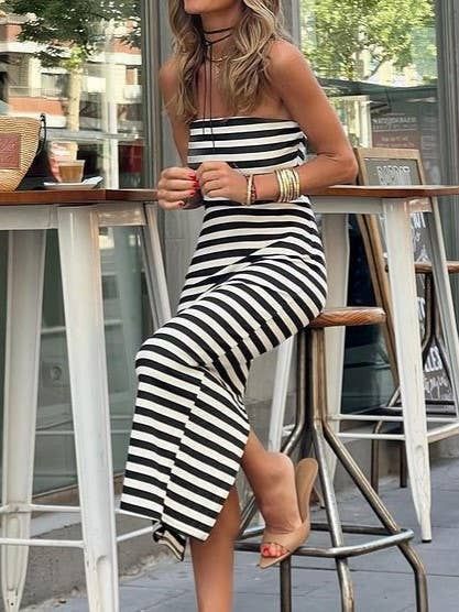 Striped Wrap Chest Slit Daily Dress