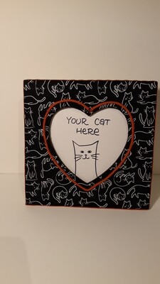 black cat picture frame with orange cord heart