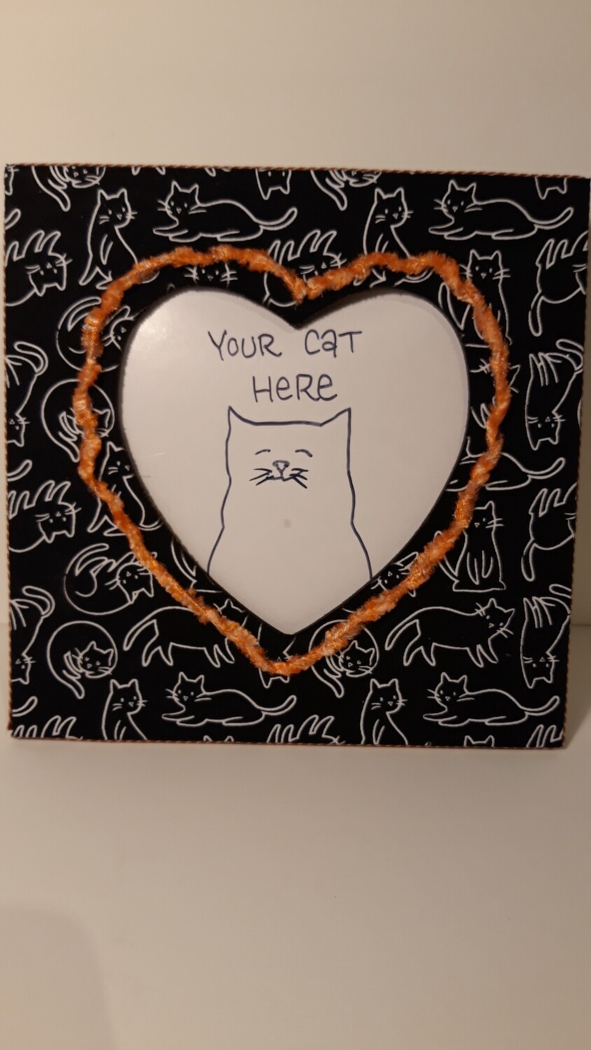 black cat picture frame with fluffy orange cord.