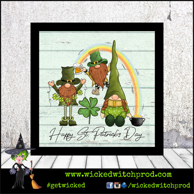 “Happy St. Patrick’s Day Gnomes” Wood Sign with Frame (St. Patrick’s Day Collection)