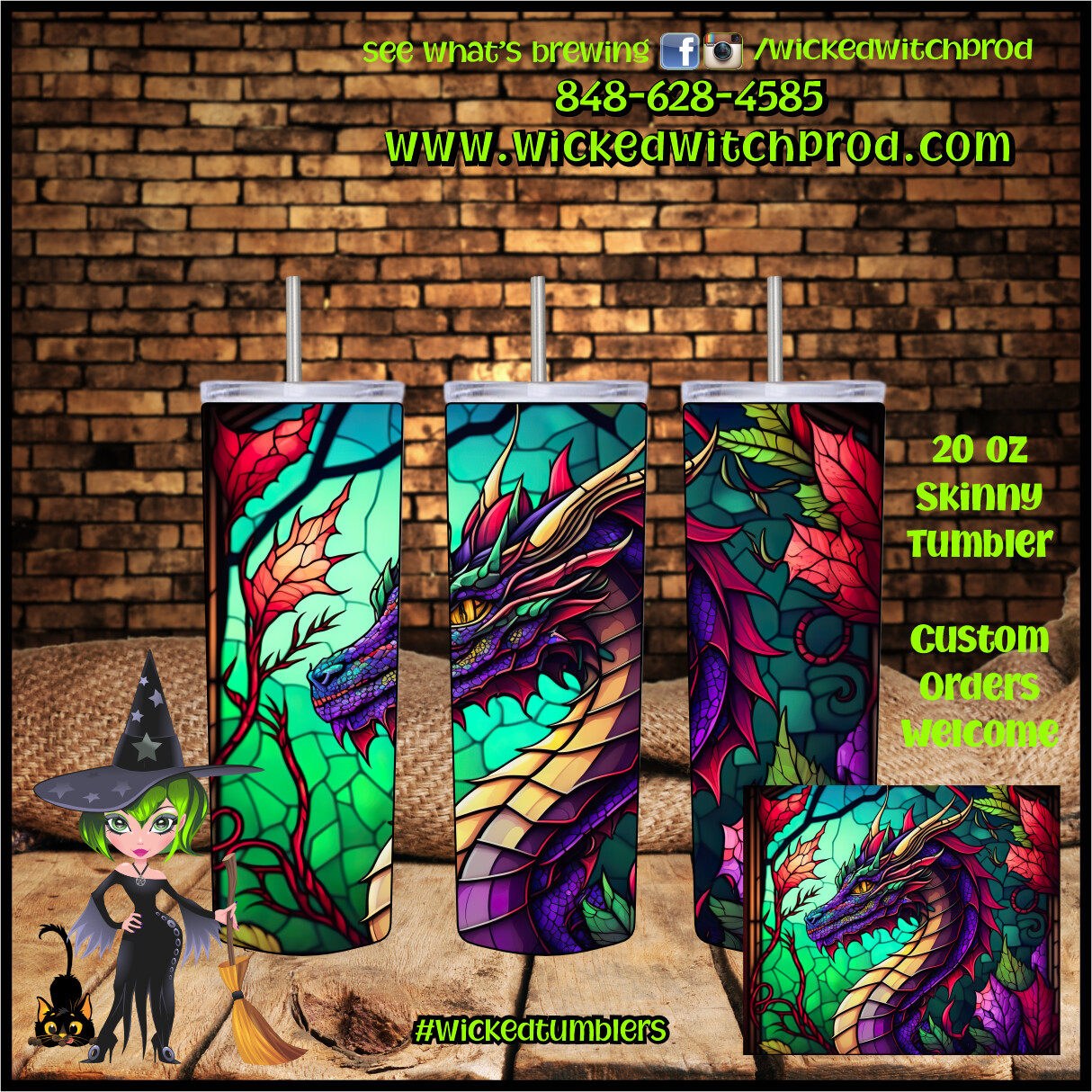 Stained Glass Dragon with Color Leaves 20 oz Skinny Tumbler