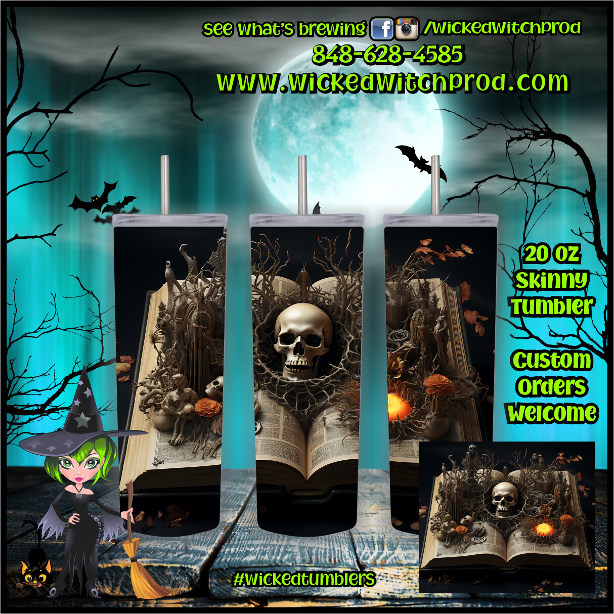 Gothic Skull on Book of Shadows 20 oz Skinny Tumbler