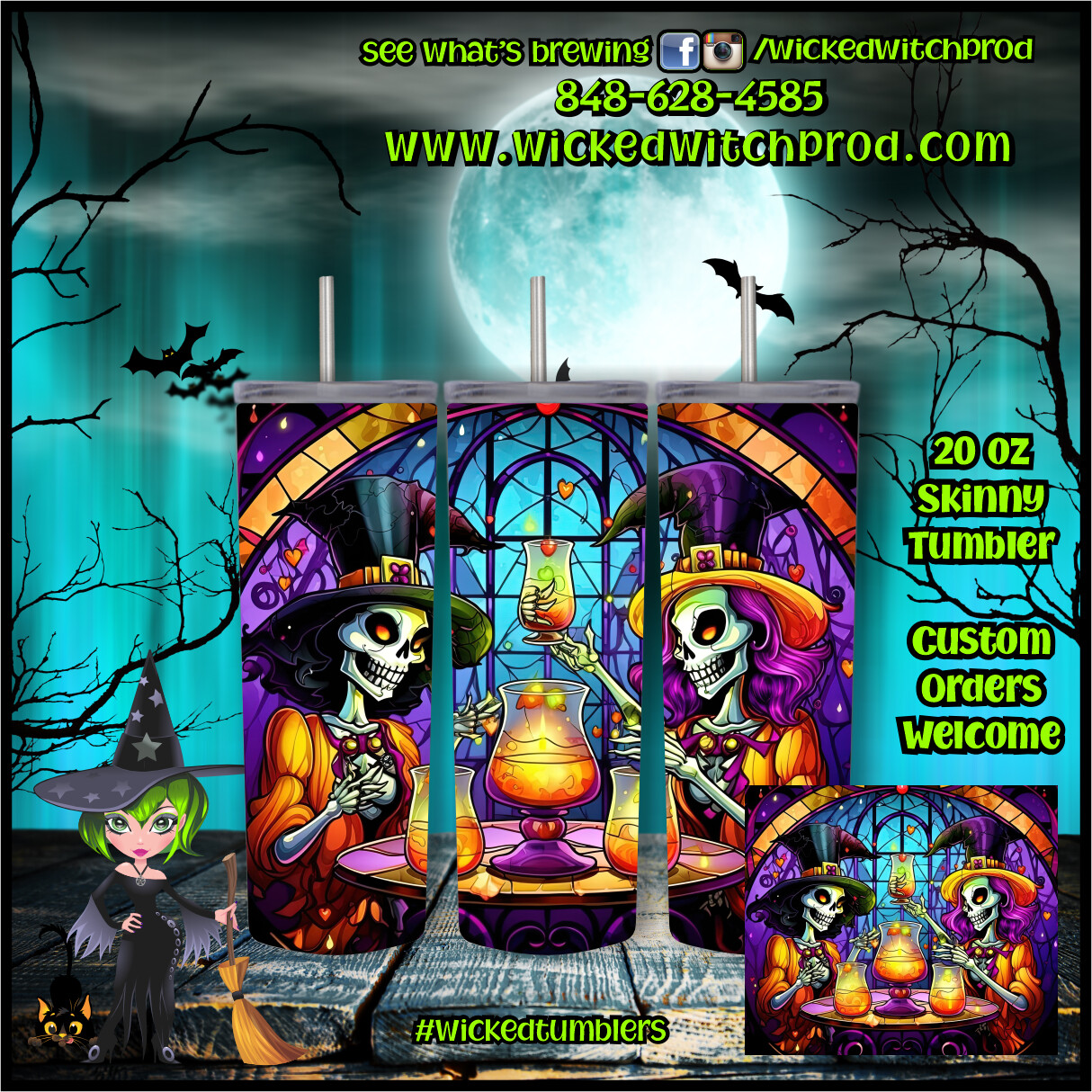 Halloween Witch Skeleton 20 oz Skinny Tumbler