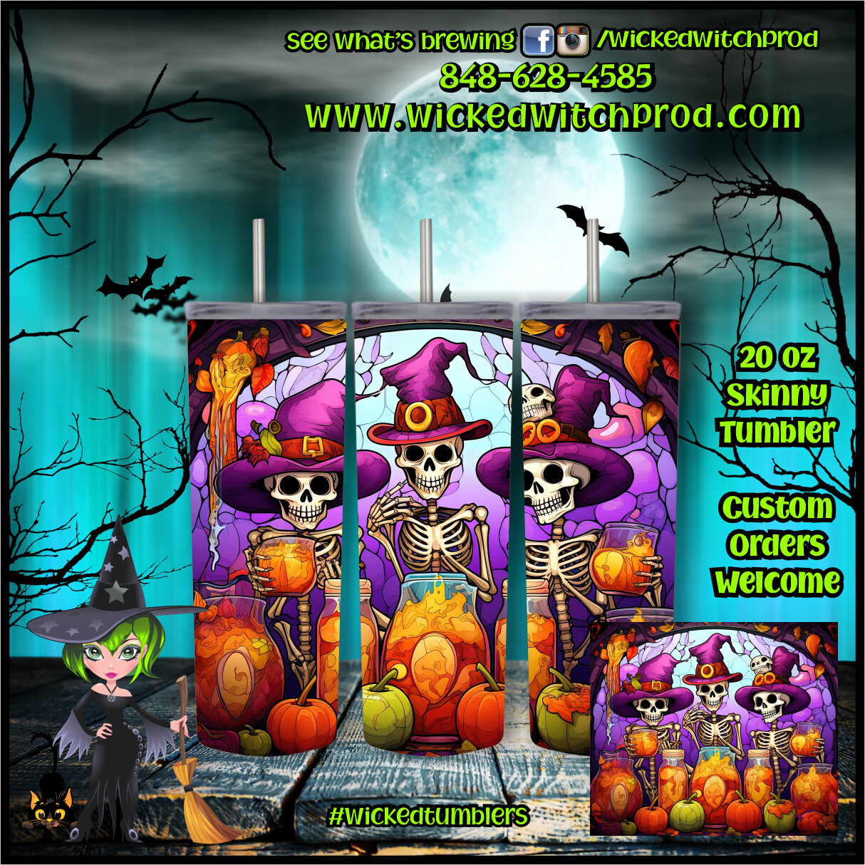 Halloween Witch Skeletons 20 oz Skinny Tumbler