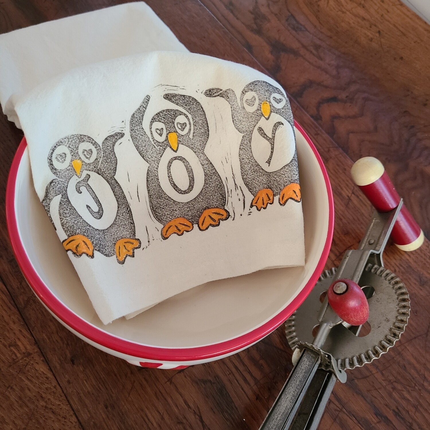 &quot;Tres Penguinos&quot; - 100% Cotton Tea Towel - Block Printed