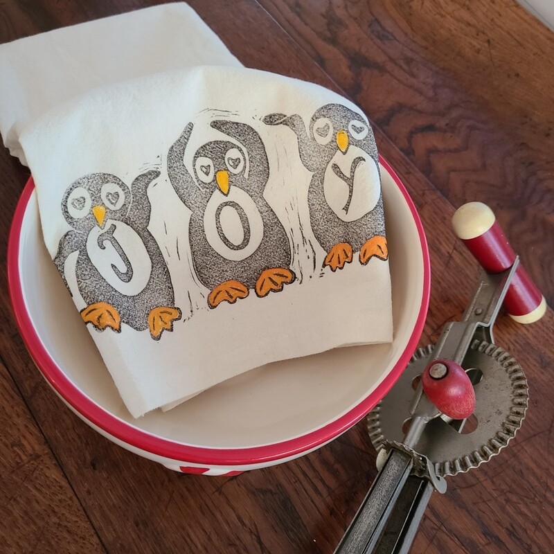 &quot;Tres Penguinos&quot; - 100% Cotton Tea Towel - Block Printed