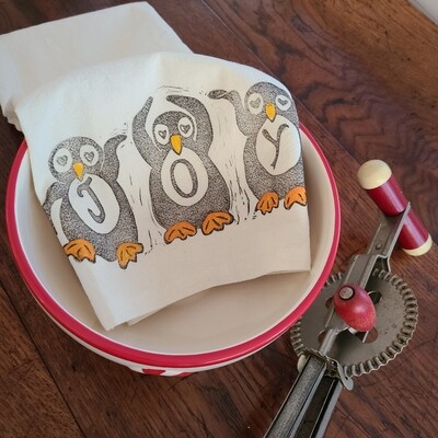 &quot;Tres Penguinos&quot; - 100% Cotton Tea Towel - Block Printed