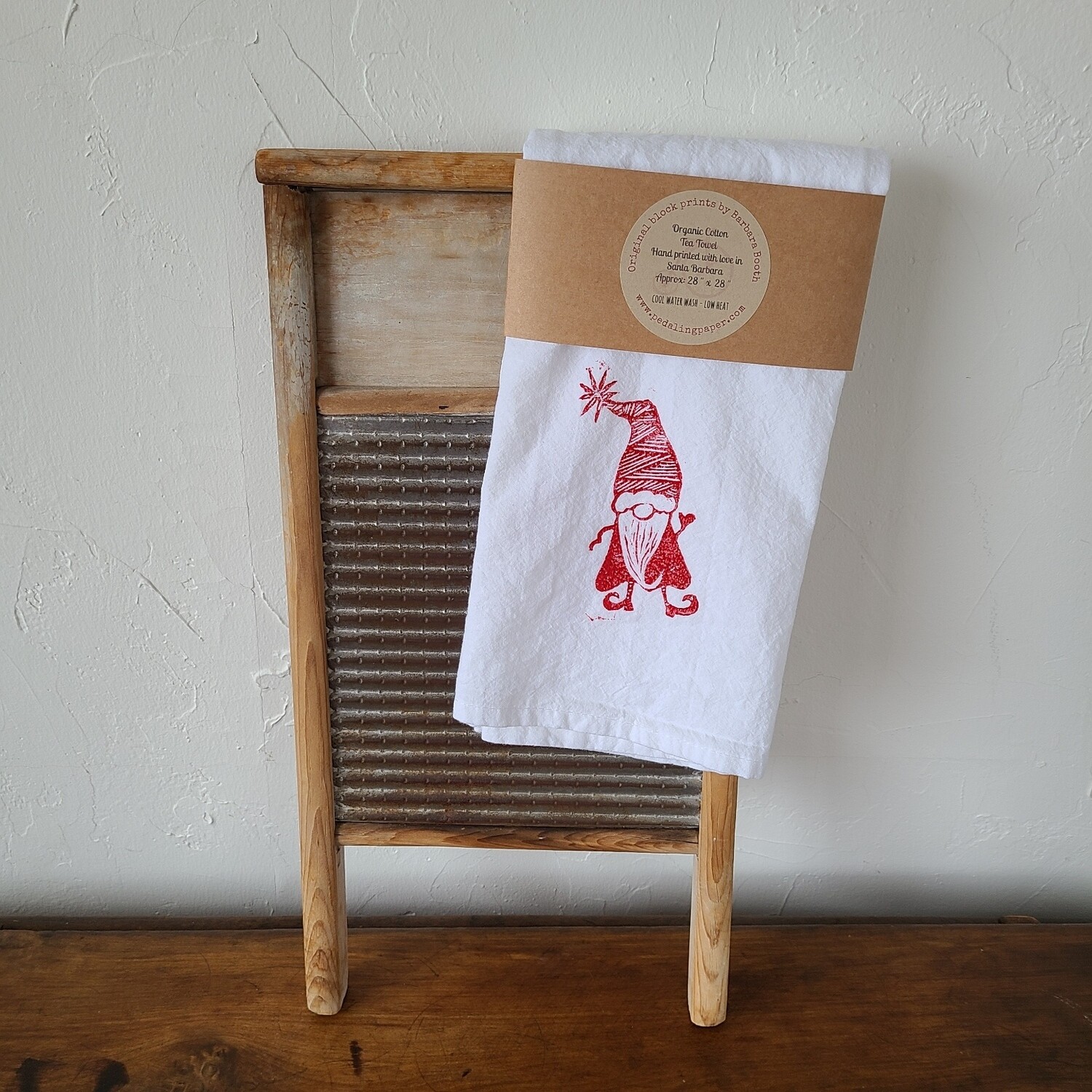 &quot;Gnicolas the Christmas Nisse&quot; - Block Printed Cotton Tea Towel