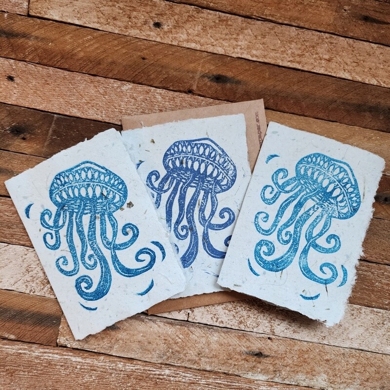 "I Sea Jelly" Block Print Note Card printed on kelp paper