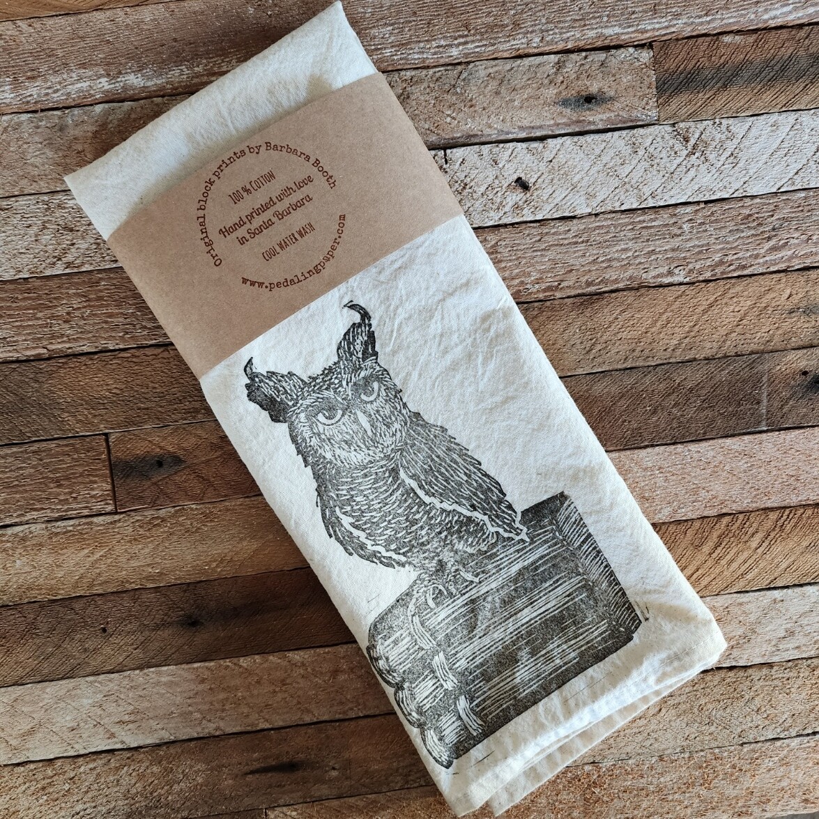 &quot;Great Horned Owl&quot;  Hand-printed Tea Towel