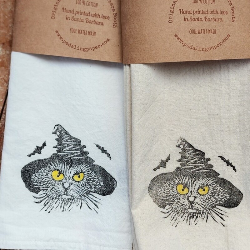&quot;Cat.Hat.Bat   Hand-printed Tea Towel