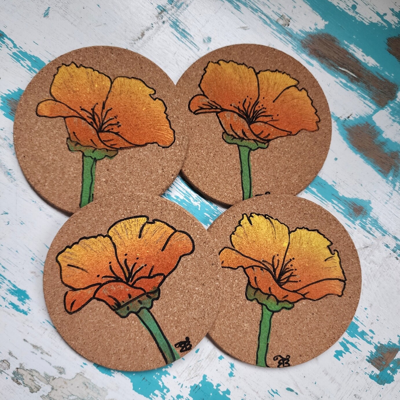 California Poppy Block Printed Coasters