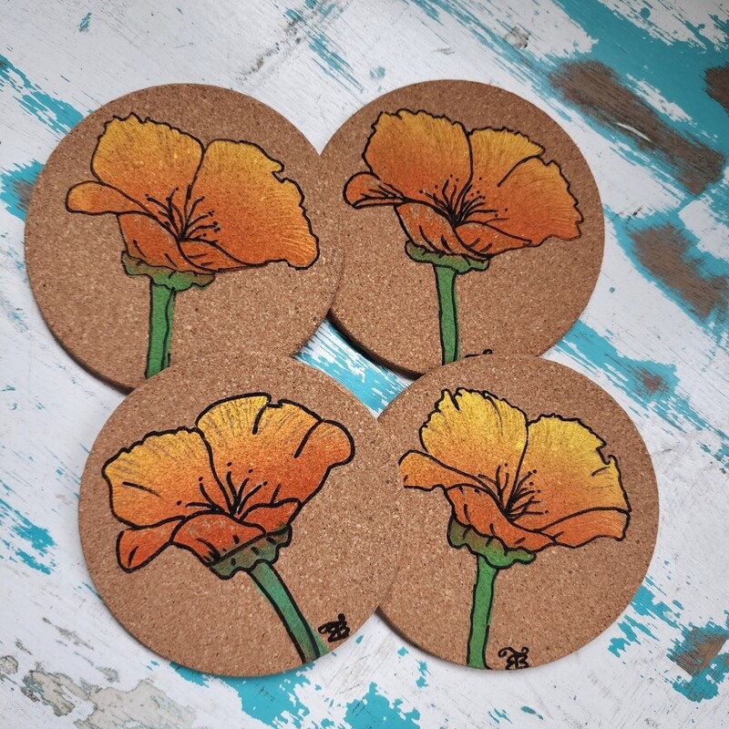 California Poppy Block Printed Coasters