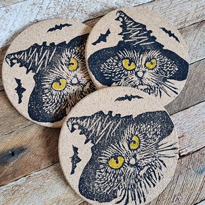 Cat.Hat.Bat  Block Printed Coasters