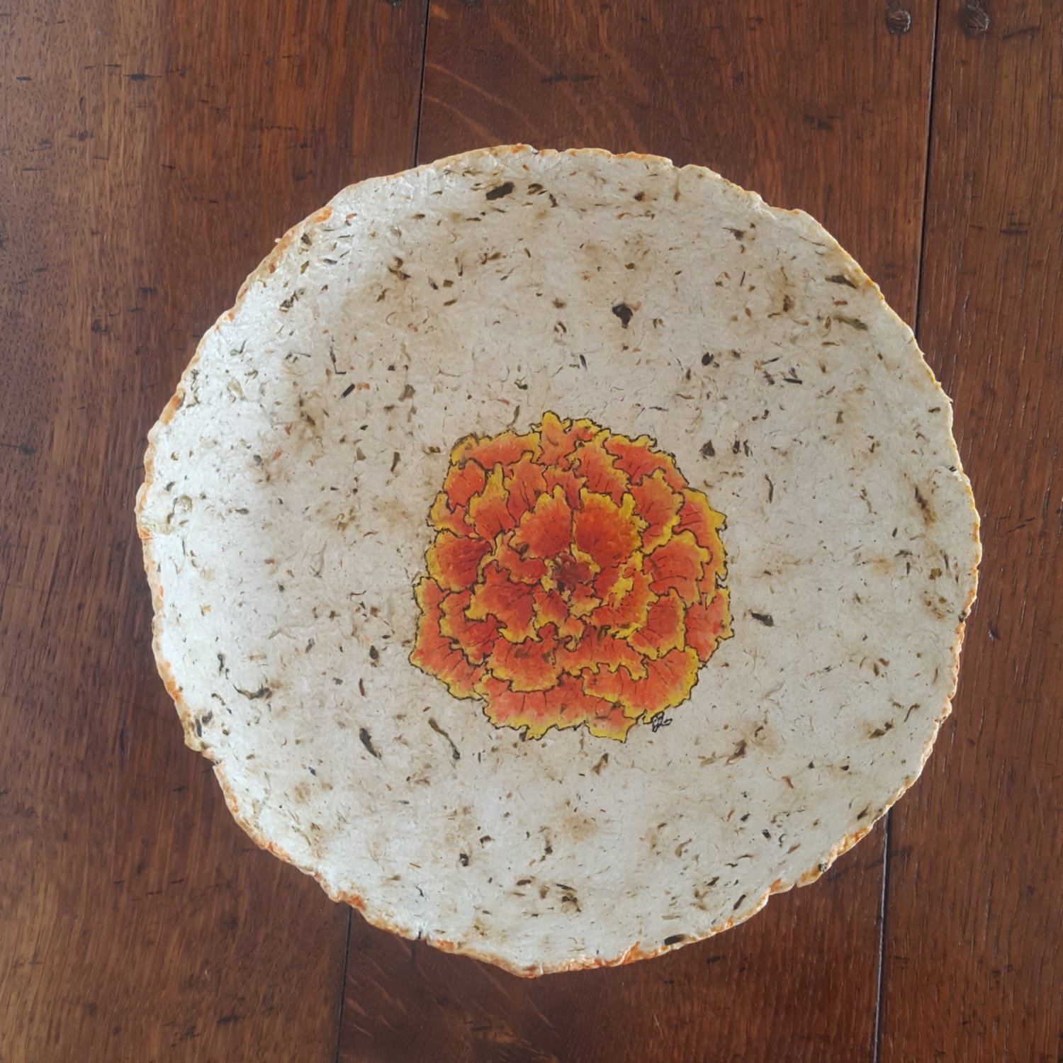 SOLD -Marigold paper bowl with marigold watercolor illustration.