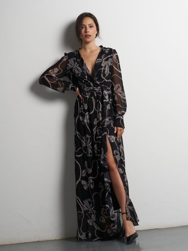 Vestido Asunción Largo Estampado Lazos y Perlas Negro