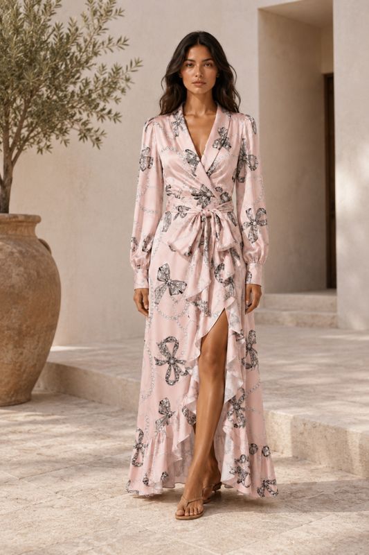 Vestido Asunción Largo Estampado Lazos y Perlas Rosa