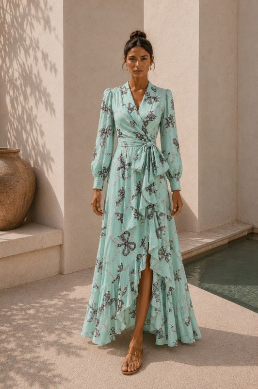 Vestido Asunción Largo Estampado Lazos y Perlas Verde Agua
