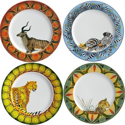 Set of 4 Salad Plates Kudu,Zebra,Cheetah,Leopard
