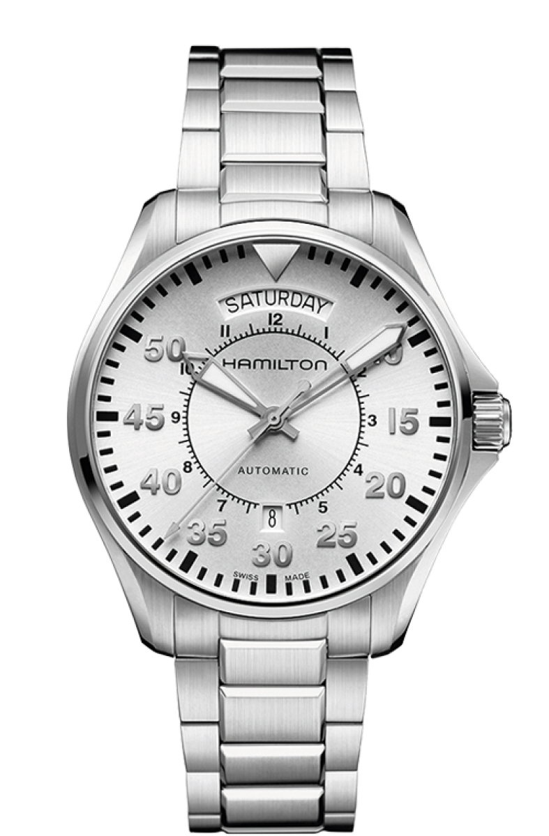 Khaki Silver Dial 42MM Aviation Day Date Automatic H64615155