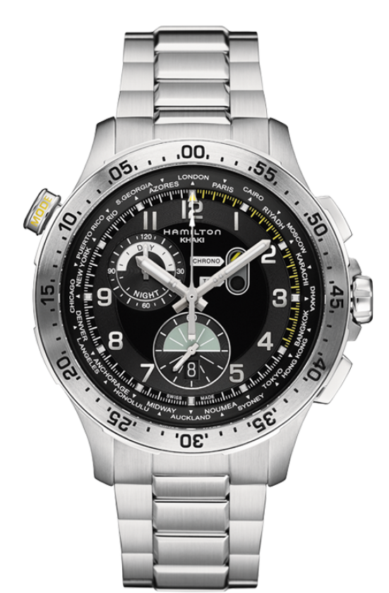 Khaki Aviation Black Dial 45MM Worldtimer Chronograph Quartz H76714135