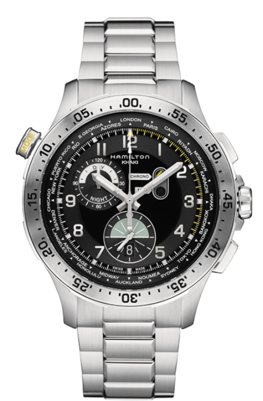 Khaki Aviation Black Dial 45MM Worldtimer Chronograph Quartz H76714135