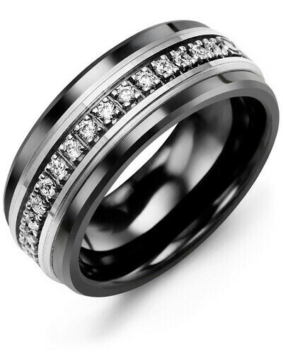 RLQ MOD - Men&#39;s Medium Eternity Diamond Wedding Band, BASE METAL: Black Ceramic, INLAY METAL: White Gold, KARAT: 10 KT, WIDTH: 9 MM, DIAMONDS: 17 Diamonds 0.34 CT