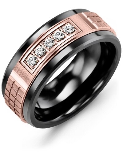 MKC MOD - Men&#39;s Carved Diamond Wedding Band, BASE METAL: Black Ceramic, INLAY METAL: Rose Gold, KARAT: 10 KT, WIDTH: 9 MM, DIAMONDS: 5 Diamonds 0.15 CT