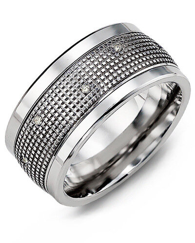 MJX MOD - Men&#39;s Carved Pattern Diamond Wedding Band, BASE METAL: Cobalt, INLAY METAL: White Gold, KARAT: 10 KT, WIDTH: 11 MM, DIAMONDS: 12 Diamonds 0.12 CT