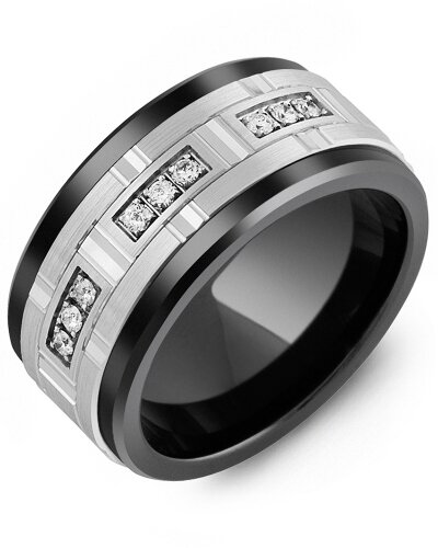 MKV MOD - Men&#39;s Large Diamonds Centerpiece Wedding Ring, BASE METAL: Black Ceramic, INLAY METAL: White Gold, KARAT: 10 KT, WIDTH: 11 MM, DIAMONDS: 9 Diamonds 0.18 CT