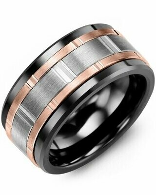 MJP MOD - Men&#39;s Multi-Faceted Wide Wedding Band, BASE METAL: Black Ceramic, INLAY METAL: White/Rose Gold, KARAT: 10 KT, WIDTH: 11 MM