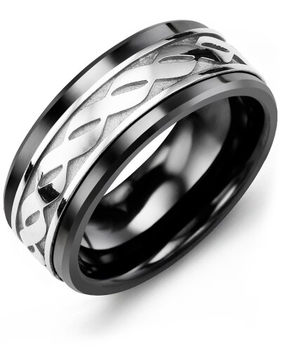 MLE MOD - Men&#39;s Infinity Design Wedding Band, BASE METAL: Black Ceramic, INLAY METAL: White Gold, KARAT: 10 KT, WIDTH: 9 MM