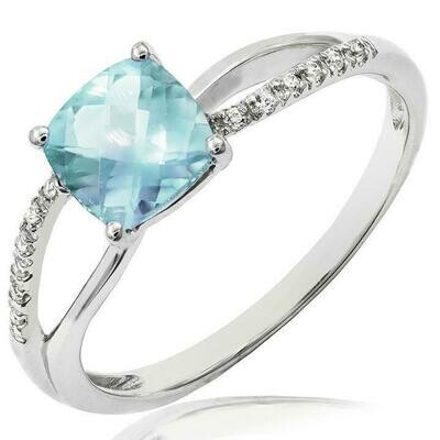 Cushion Aquamarine Ring with Diamond Accent and Split Shoulders 14KT Gold Cushion Aquamarine Ring with Diamond Accent and Split Shoulders 14KT Gold