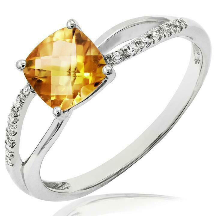 Cushion Citrine Ring with Diamond Accent and Split Shoulders 14KT Gold