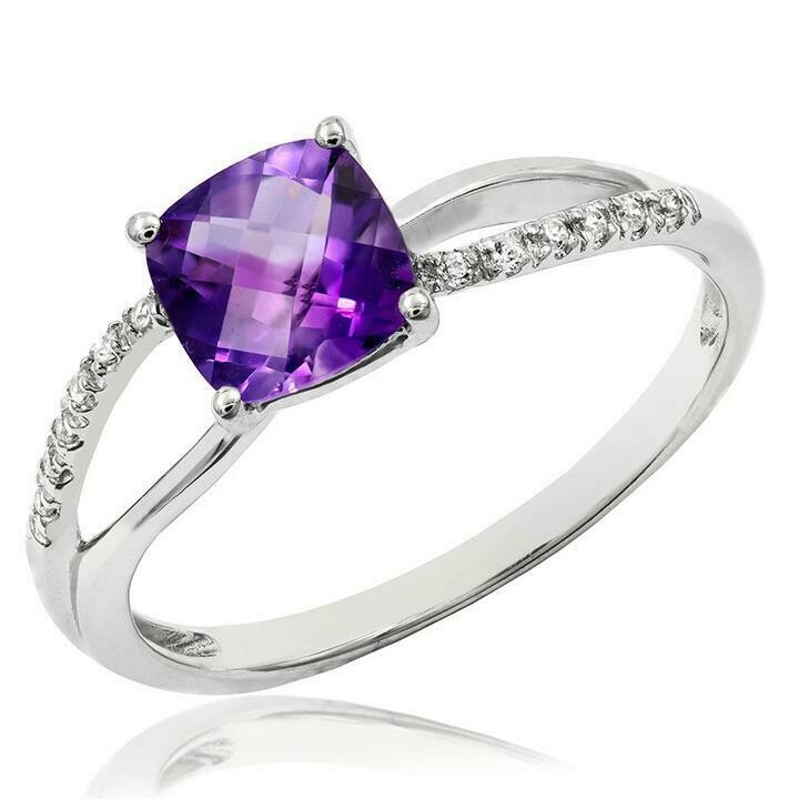 Cushion Amethyst Ring with Diamond Accent and Split Shoulders White Gold Cushion Amethyst Ring with Diamond Accent and Split Shoulders White Gold