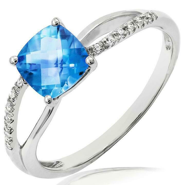 Cushion Blue Topaz Ring with Diamond Accent and Split Shoulders 14KT Gold
