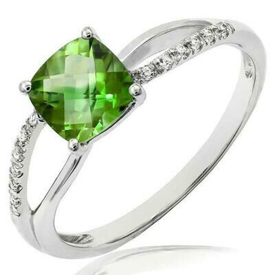 Cushion Peridot Ring with Diamond Accent and Split Shoulders 14KT Gold Cushion Peridot Ring with Diamond Accent and Split Shoulders 14KT Gold