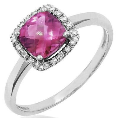 Cushion Pink Topaz Ring with Diamond Halo 14KT Gold