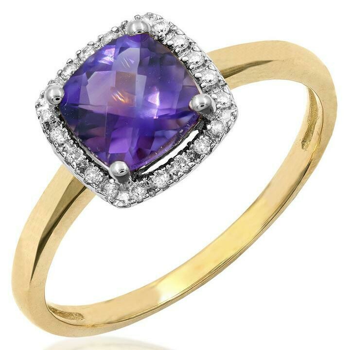 Cushion Amethyst Ring with Diamond Frame Yellow Gold Cushion Amethyst Ring with Diamond Frame Yellow Gold