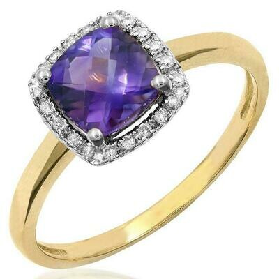 Cushion Amethyst Ring with Diamond Frame Yellow Gold Cushion Amethyst Ring with Diamond Frame Yellow Gold