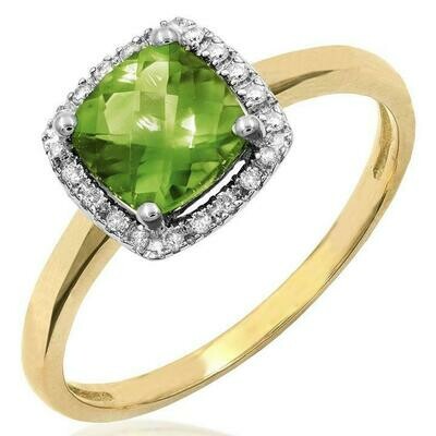 Cushion Peridot Ring with Diamond Frame Yellow Gold Cushion Peridot Ring with Diamond Frame Yellow Gold