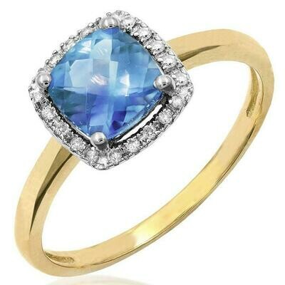 Cushion Blue Topaz Ring with Diamond Frame Yellow Gold Cushion Blue Topaz Ring with Diamond Frame Yellow Gold