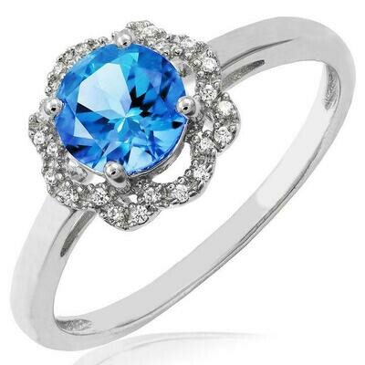 Blue Topaz Ring with Diamond Floral Halo 14KT Gold Blue Topaz Ring with Diamond Floral Halo 14KT Gold