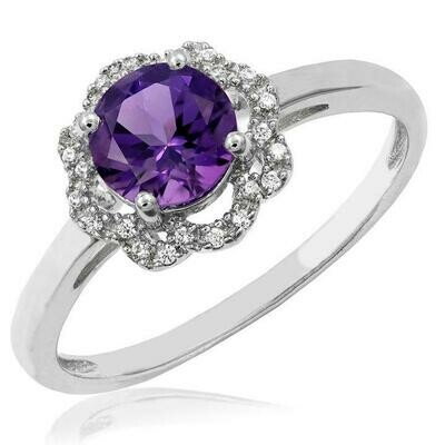 Amethyst Ring with Diamond Floral Halo 14KT Gold