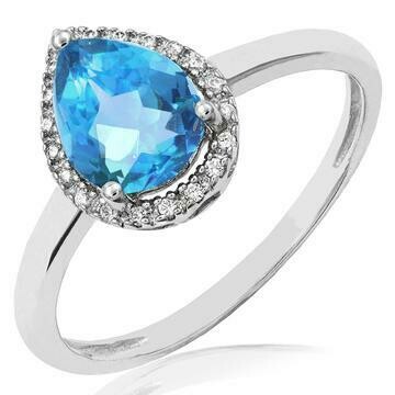 Blue Topaz teardrop Ring with Diamond Halo 14KT Gold
