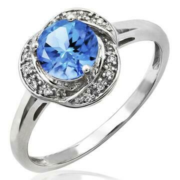 Blue Topaz Ring with Diamond Whirl Halo 14KT Gold Blue Topaz Ring with Diamond Whirl Halo 14KT Gold